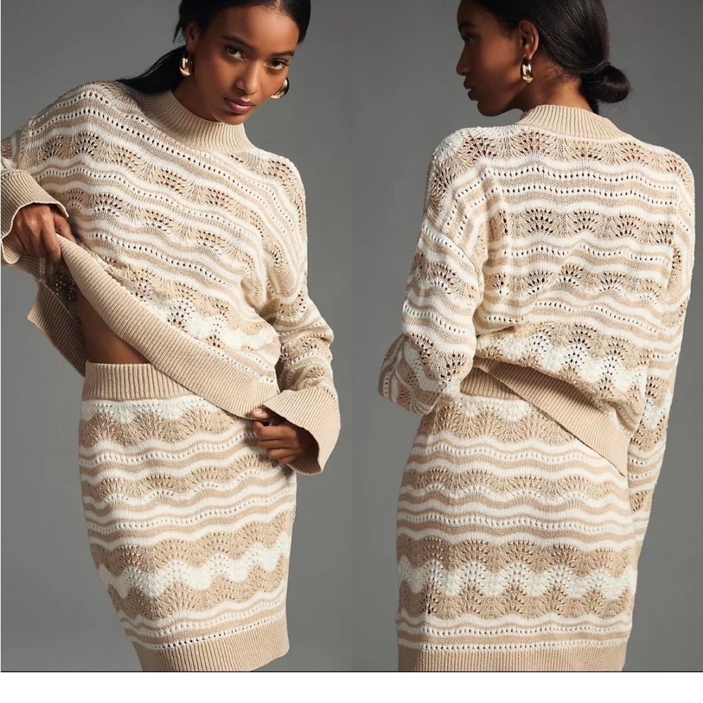 Anthropologie Pointelle Knit Midi Skirt Cream Beige Small